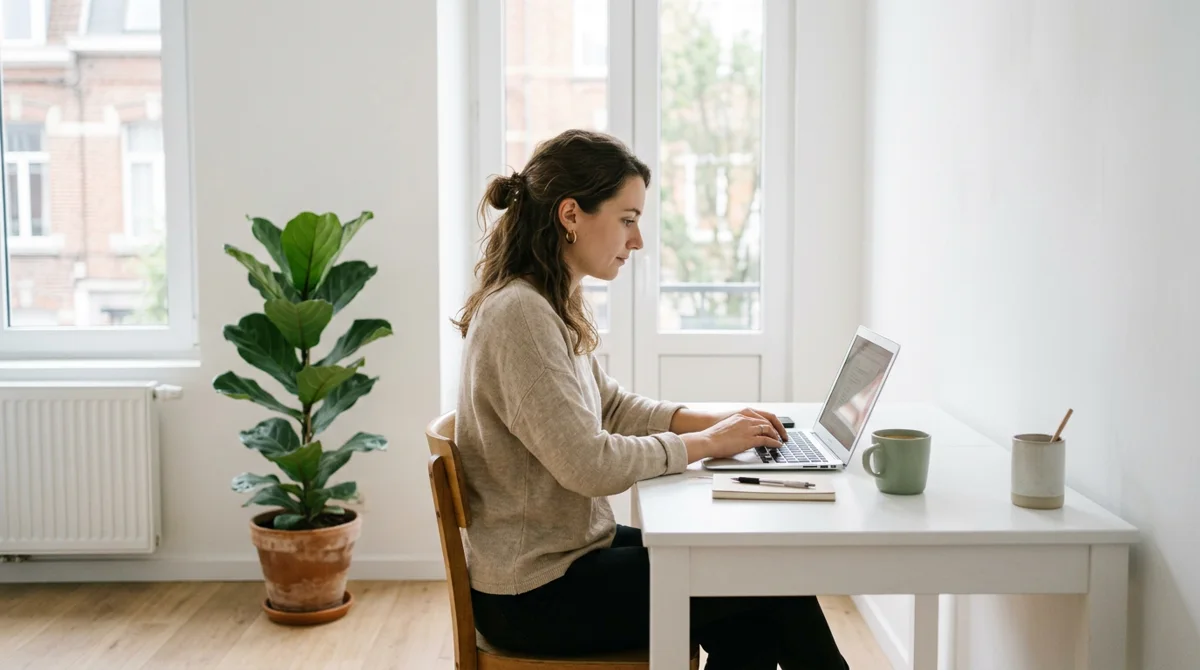 Une femme travaille calmement à son bureau, près d'une fenêtre.