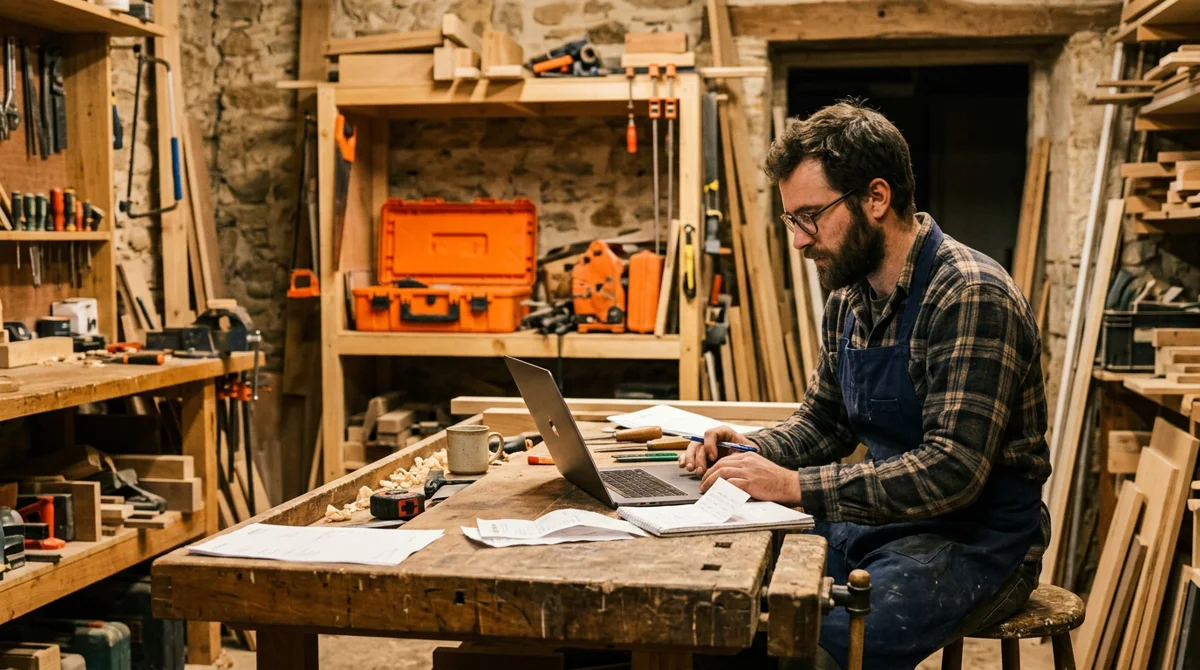 Un artisan à son établi, devant son ordinateur portable et un carnet où il note les organismes à contacter.