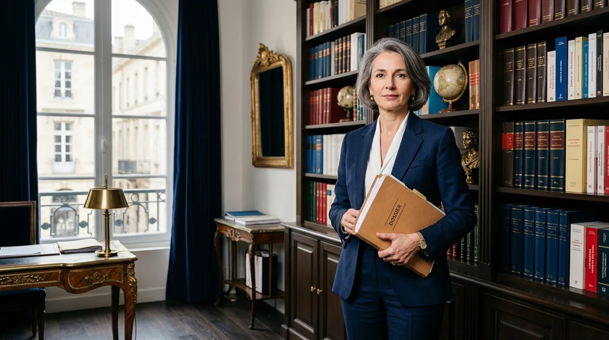 Maître Hélène Fabre, avocate au barreau de Paris, dans la bibliothèque de son cabinet